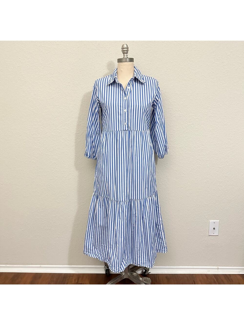 QUINCE Midi Dress Azure Striped Tunic Organic Cotton Puff Sleeve Tiered